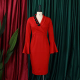 V-Neck Elegant Trumpet Sleeve Slit Hip Dress_Cwdmd3706