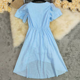 V-Neck Long Cotton Linen Waist-Cinching Dress
