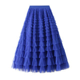 White Tulle Tiered Pleated A-Line Maxi Skirt_Cwbms0369