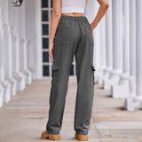 Washed Semi-Elastic-Waisted Denim Cargo Pants