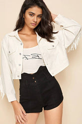 Cwjj0232_Denim Jacket With Long Sleeves With Fringe Short
