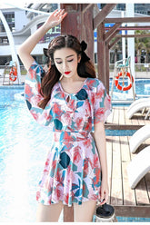 Cwmw0864_Printed Short-Sleeved Slim-Fit Swimsuit Dress