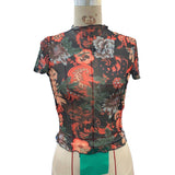 SEMI SHEER MESH FLORAL PRINT SHORT SLEEVED TOP_CWTBLS1509