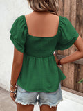 Solid-Color Cable-Lined Puffed-Sleeve T-Shirt