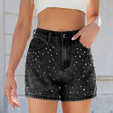 Washed Design With Beaded Slimming Denim Shorts