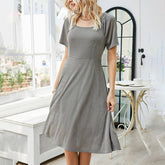 Square Neck Pleated Short Sleeve Midsize Dress
