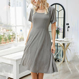 Square Neck Pleated Short Sleeve Midsize Dress