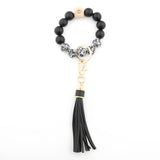 PRINTED WOOD BEAD BRACELET KEYCHAIN WITH TASSEL_CWMM7025