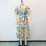 V-Neck Puff Sleeve Tie Waist Maxi Dress