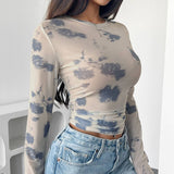 FLORAL PRINT MESH LONG SLEEVE FITTED CROP TOP_CWTBLL3428