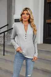 V-Neck Button-Striped Long-Sleeved Casual T-Shirt