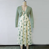 Spaghetti Strap Midi Dress With Knit Cardigan Set