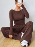 Solid-Color Long-Sleeved Wide-Leg Long Pants Set