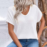 V-Neck Hollow-Out Solid Color Loose T-Shirt