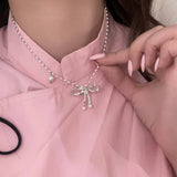 Womens Pearl And Silver Bow Pendant Necklace