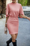 Solid Color Knitted Long-Sleeved Short Dress