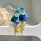 BOHO LONG TASSEL EARRINGS HANDMADE FABRIC FLOWERS_CWMM6165