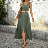 Solid Color Sleeveless Split Long Dress