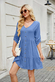Solid Color Crew-Neck Button Mid-Length Dress