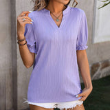 Solid Color V Neck Ear Of Wheat Short Sleeved Top_Cwtts0898