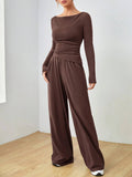 Solid-Color Long-Sleeved Wide-Leg Long Pants Set