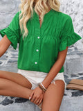 Womens Casual Pleated Button-Down Linen Shirt