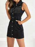 Solid Color Denim Sleeveless Beaded Waist Dress