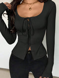 Solid-Color Long-Sleeved Lace-Up Fitted Top