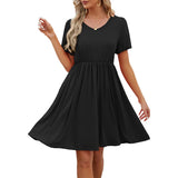 V-Neck Puffy Sleeve Pleated Skirt Dress