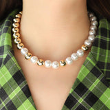 Womens All-Match Metal Pearl Elastic Necklace