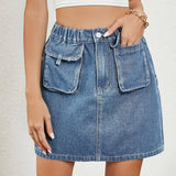 Tight Waist Denim Skirt With Pockets