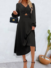 V-Neck Pleated Ripped Long-Sleeved Satin Dress