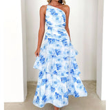 Style One-Shoulder Halter Print Long Swing Dress