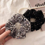 Black Sequin Hair Scrunchie Shiny Ponytail Holder_Cwaha07539