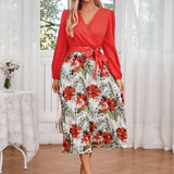 V-Neck Print Long-Sleeved Pleated Dress