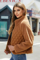 Women High Neck Quilting Zip Up Fleece Jacket_Cwoja0622