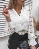 Solid Color Lace V-Neck Cardigan Shirt For Women