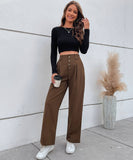 Solid Color High-Waisted Straight-Leg Pants