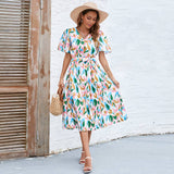 V-Neck Puff Sleeve Tie Waist Maxi Dress