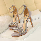 Women Suede Pearl Rhinestone High Heels