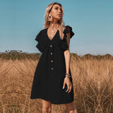 V-Neck Button-Up Flared Boho Dress