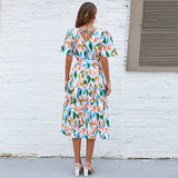 V-Neck Puff Sleeve Tie Waist Maxi Dress