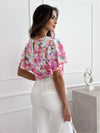 Printed Lotus Sleeve Round Neck Short Sleeve Top