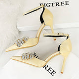 Women Retro Rhinestone Hollow Strap High Heels