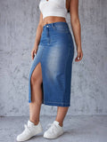 Split Hip Wrap A-Line Skirt Trend Blue Skirt