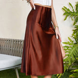 HIGH WAIST SATIN SKIRT SOLID COLOR SLIT LONG SKIRT_CWBSS0400