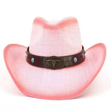 Western Straw Cowboy Hat With Bull Head,Turquoise_Cwah0684