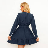 Solid Color Pinched Waist Long Sleeve Dress