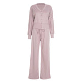 V-Neck Fitted Cardigan Lace-Up Wide-Leg Pant Set