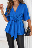 Solid Color Elegant Short Sleeved Belted Top_Cwtsts0323